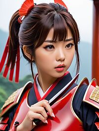 Nepalese girl holding a sword in red Samurai armor on a Japanese movie set