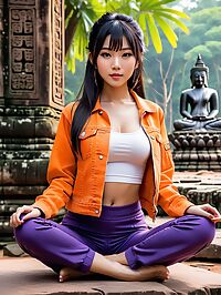 Japanese woman stands stunned in the ruins of Angkor's ancient temple complex