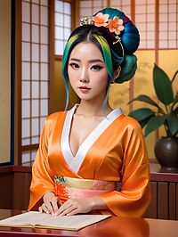 A geisha looking 28 year old Malaysian woman in an orange wedding dress on a TV news set